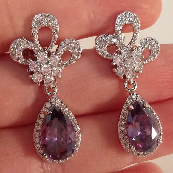 Jewelry - 18K White Gold Filled Flower Purple Diamond Zircon Drop Dangle Stud Earrings